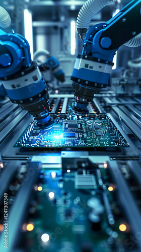 Automated Robotic Arm in a Modern Electronics Manufacturing factory, working and Installation Component on Circuit microchip, with glowing lighting effects, circuit board factory, Electronic Devices