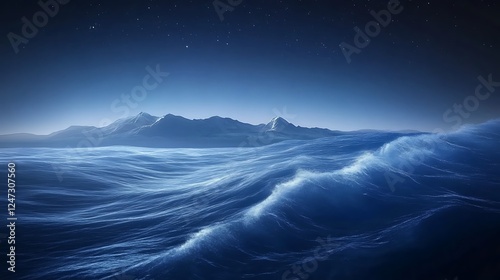 Night sea, mountains, starry sky, waves, calm