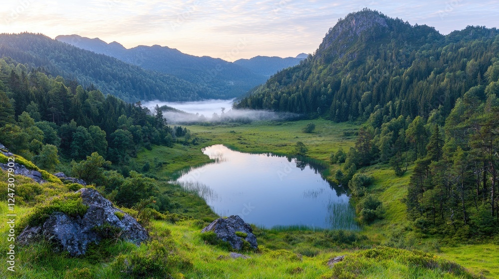 Obraz premium Sunrise over mountain lake, misty valley, tranquil nature scene, travel poster