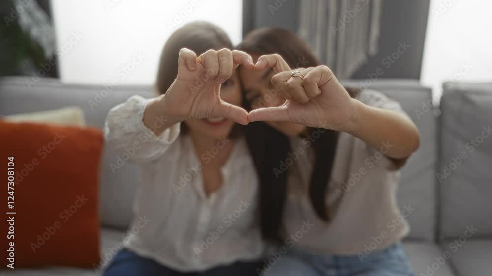 Two women forming a heart shape with their hands sit closely together on a couch at home, symbolizing love and familial bond in a cozy indoor living room setting
