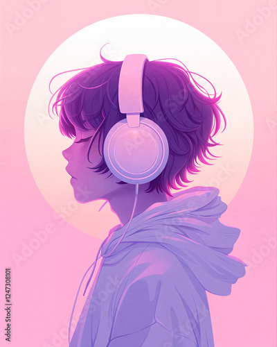 Guy listening to music with headphones in neon color, musician avatar photo