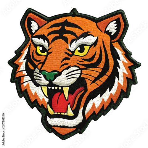 A high-quality embroidered patch of a roaring tiger head with electrifying colors and dynamic stitching Illustrator Artwork