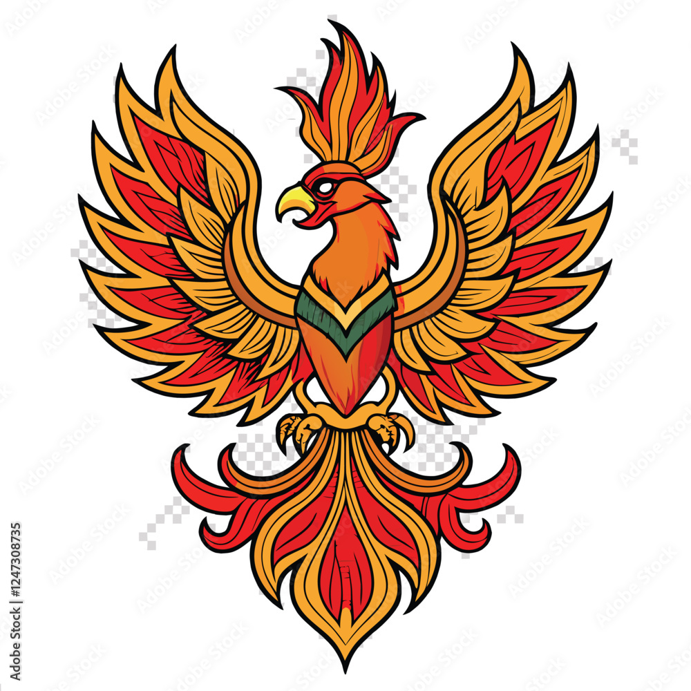 Fototapeta premium A vibrant embroidered patch of a majestic phoenix rising from flamesIllustrator Artwork