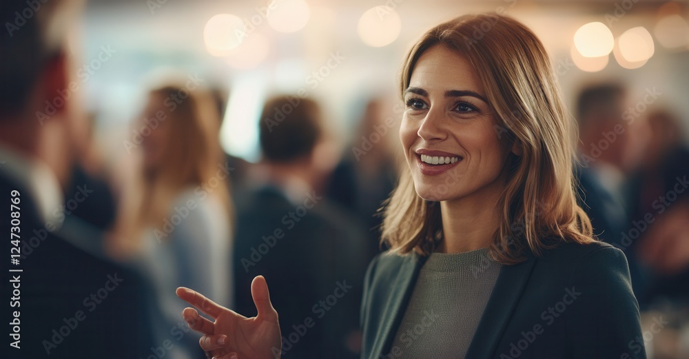 Fototapeta premium A woman smiles and gestures during a conversation at a networking event, surrounded by colleagues.