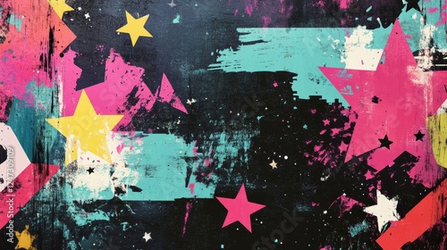 Abstract seamless chaotic pattern with urban geometric elements, scuffed, drops, stars and sprays. Grunge neon texture background. Wallpaper for teen girls. Fashion sport style