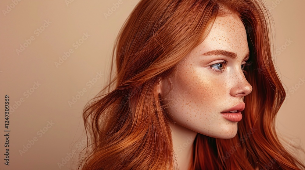 Fototapeta premium Side profile portrait of woman with long wavy auburn hair, soft glowing skin and freckles, neutral peach background, elegant feminine beauty and calm expression