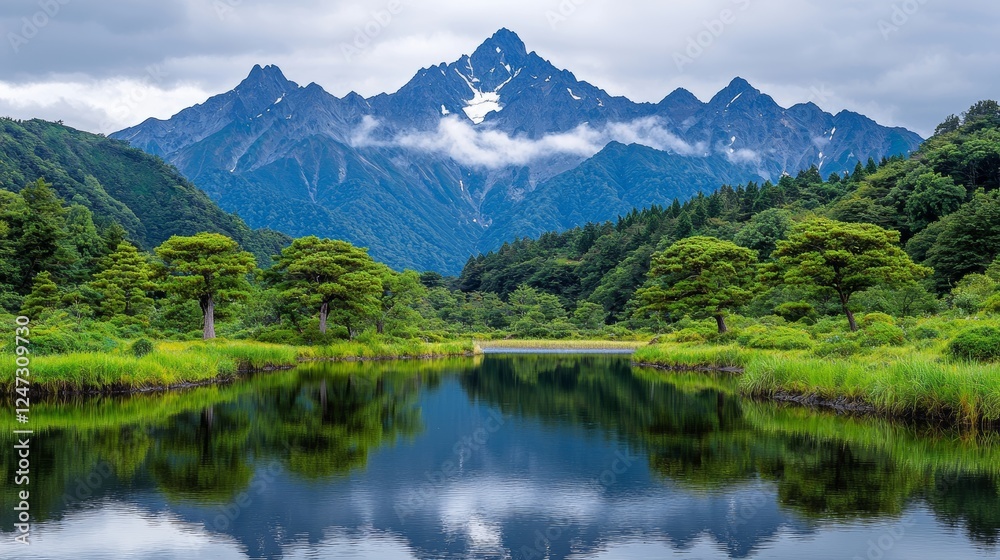 Naklejka premium Serene Japanese Garden with Weeping Willow Trees and Majestic Mountain Reflection
