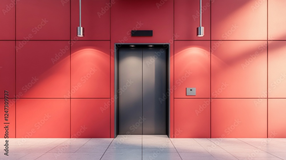 Modern elevator with closed doors in a red interior, contemporary architecture concept Modern elevator with closed doors in a red interior, contemporary architecture concept