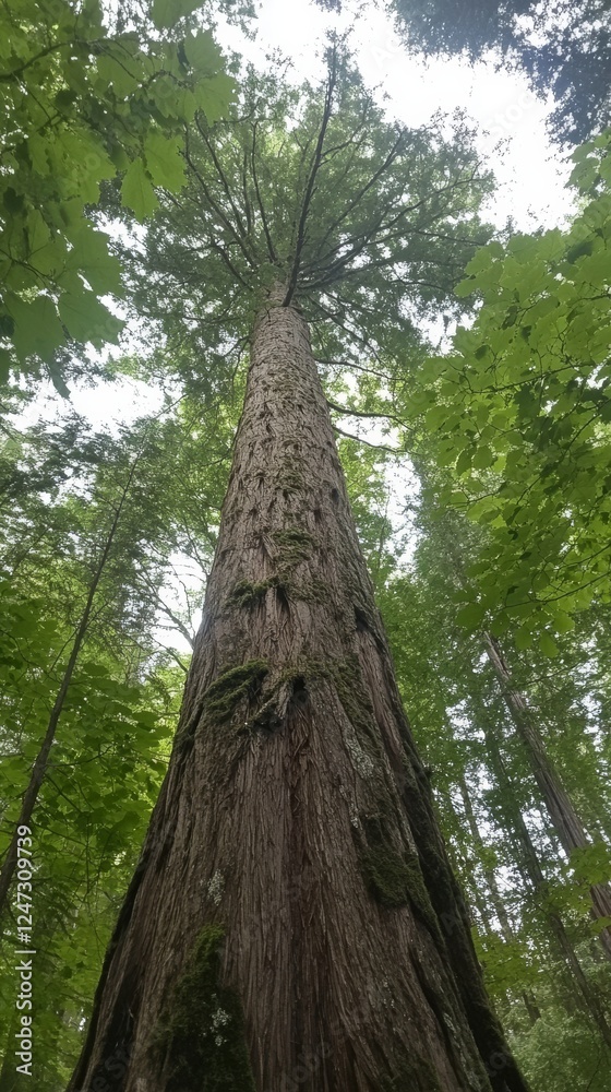 Towering redwood tree in lush green forest, upward perspective. nature and tranquility concept Towering redwood tree in lush green forest, upward perspective. nature and tranquility concept