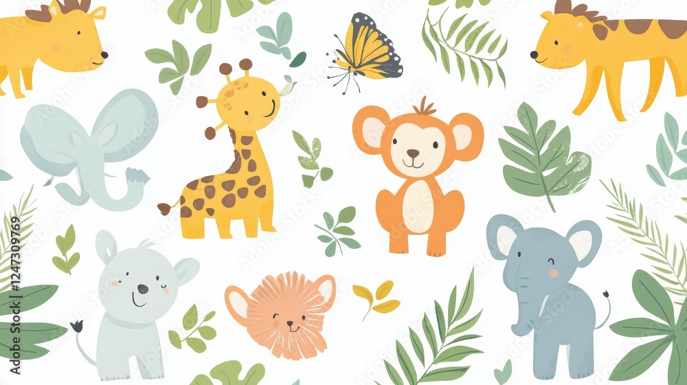 Obraz premium Children s animals background. Cute animals in the jungle on white. Vector illustration in flat style