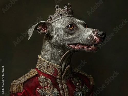 A dog dressed in royal attire with a crown on its head, wearing clothes of nobility.