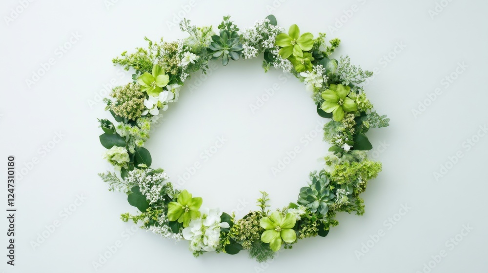 Floral wreath with green and white flowers on white background, botanical decoration. Nature and celebration concept