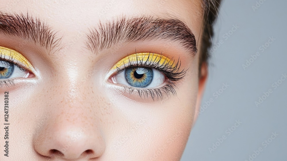 Fototapeta premium Close-up of woman's blue eyes with yellow eyeshadow