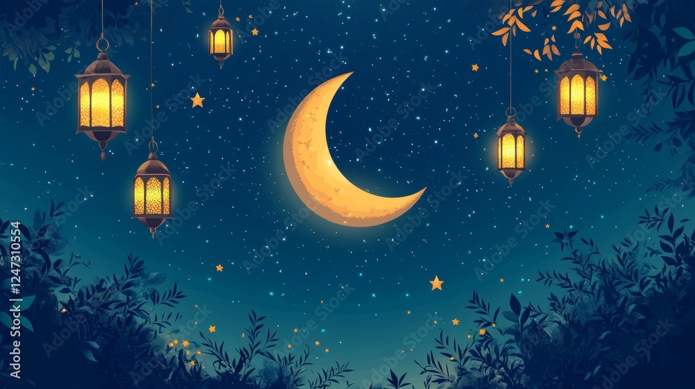 Naklejka premium Ramadan Kareem holiday design. Celebrate Ramadhan Holy month in Islam. Background crescent with star and falling lanterns and star cloud. Arabic calligraphy translation Ramadan Kareem. Festive banner