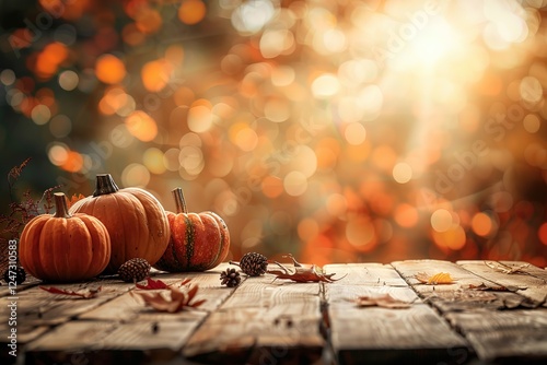 Autumn background with pumpkins, leaves and bokeh lights, Ai Generated