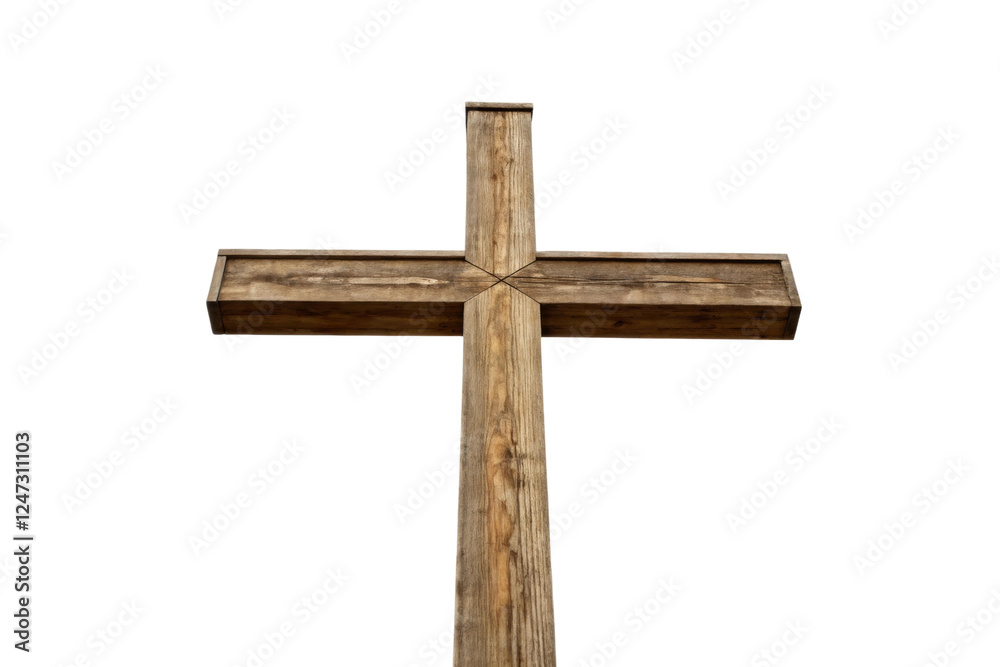 Wooden cross stands against a white background, cut out Wooden cross stands against a white background, cut out