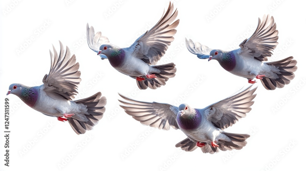 Obraz premium Flying pigeons. Flock (flight) of birds. Free birds isolated on a white background