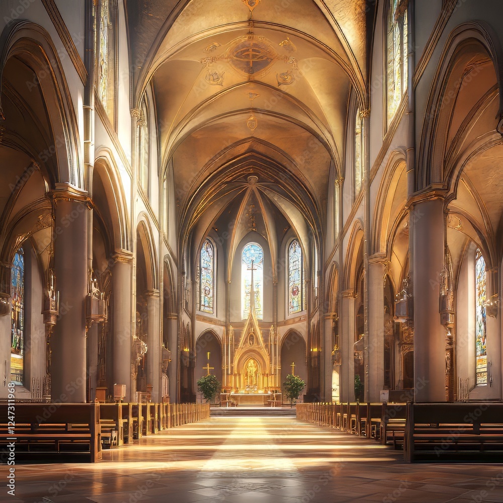 Grand Cathedral Interior With Golden Light Grand Cathedral Interior With Golden Light