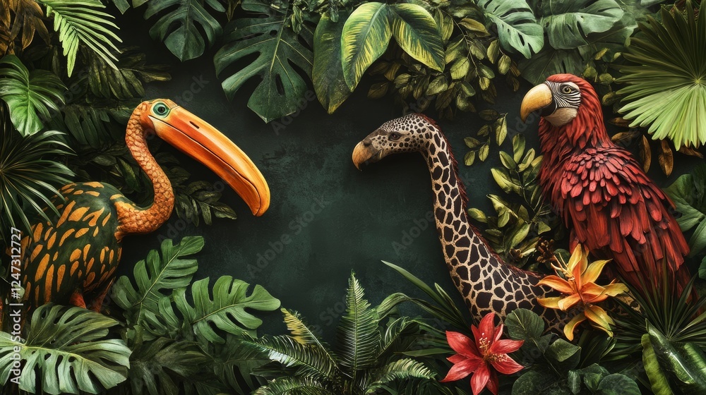 Obraz premium Set of Safari Animals and Tropical Leaves