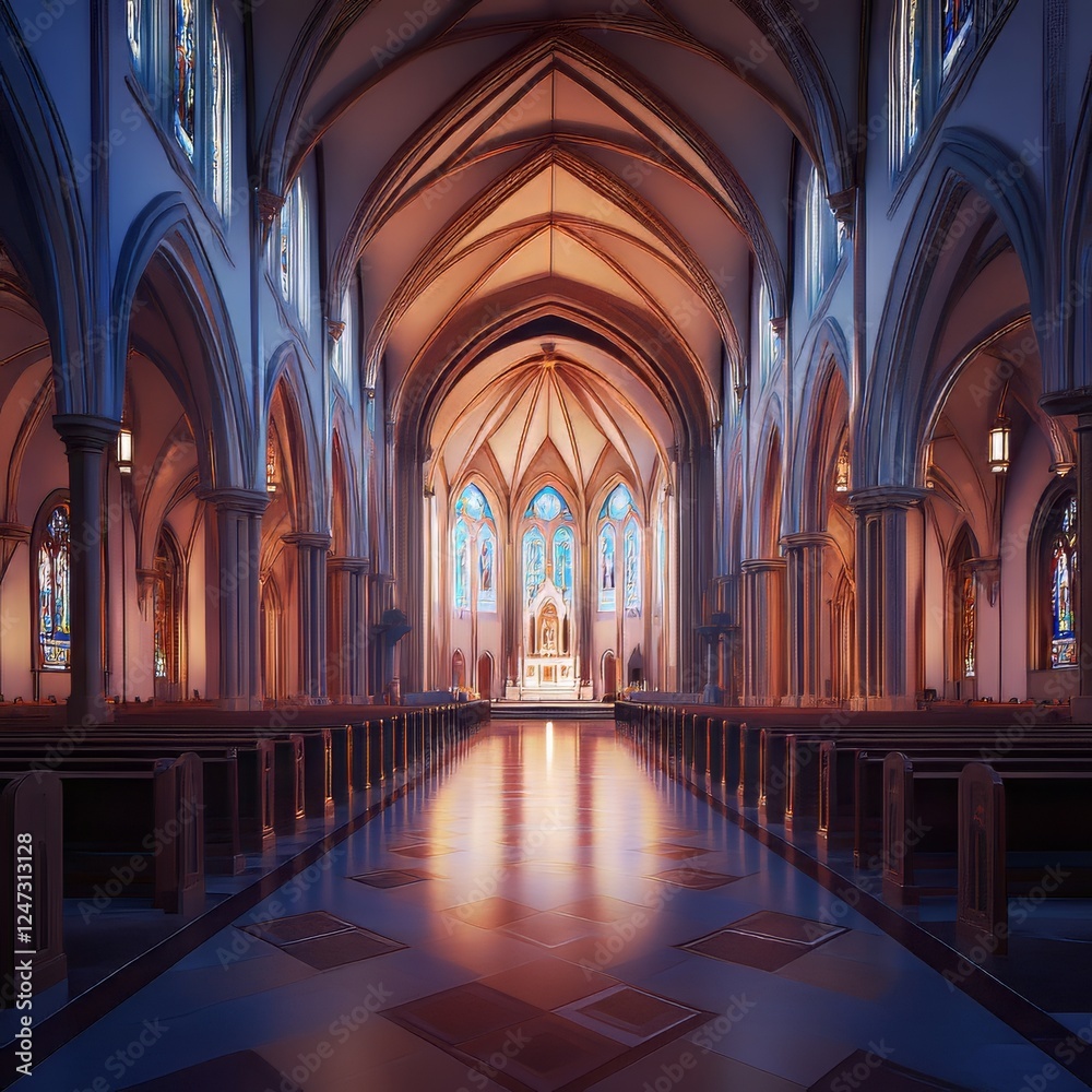 Obraz premium Cathedral Interior with Stained Glass Windows