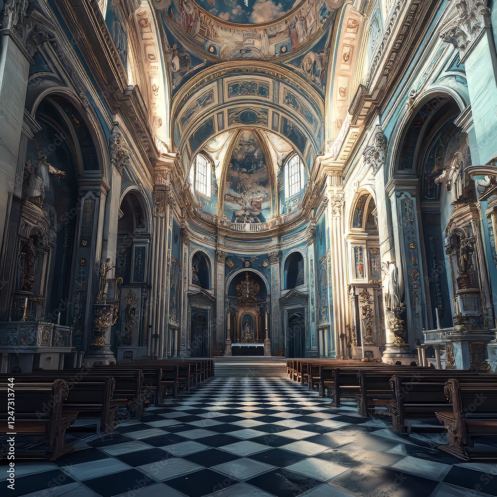 Obraz premium Ornate cathedral interior with checkered floor
