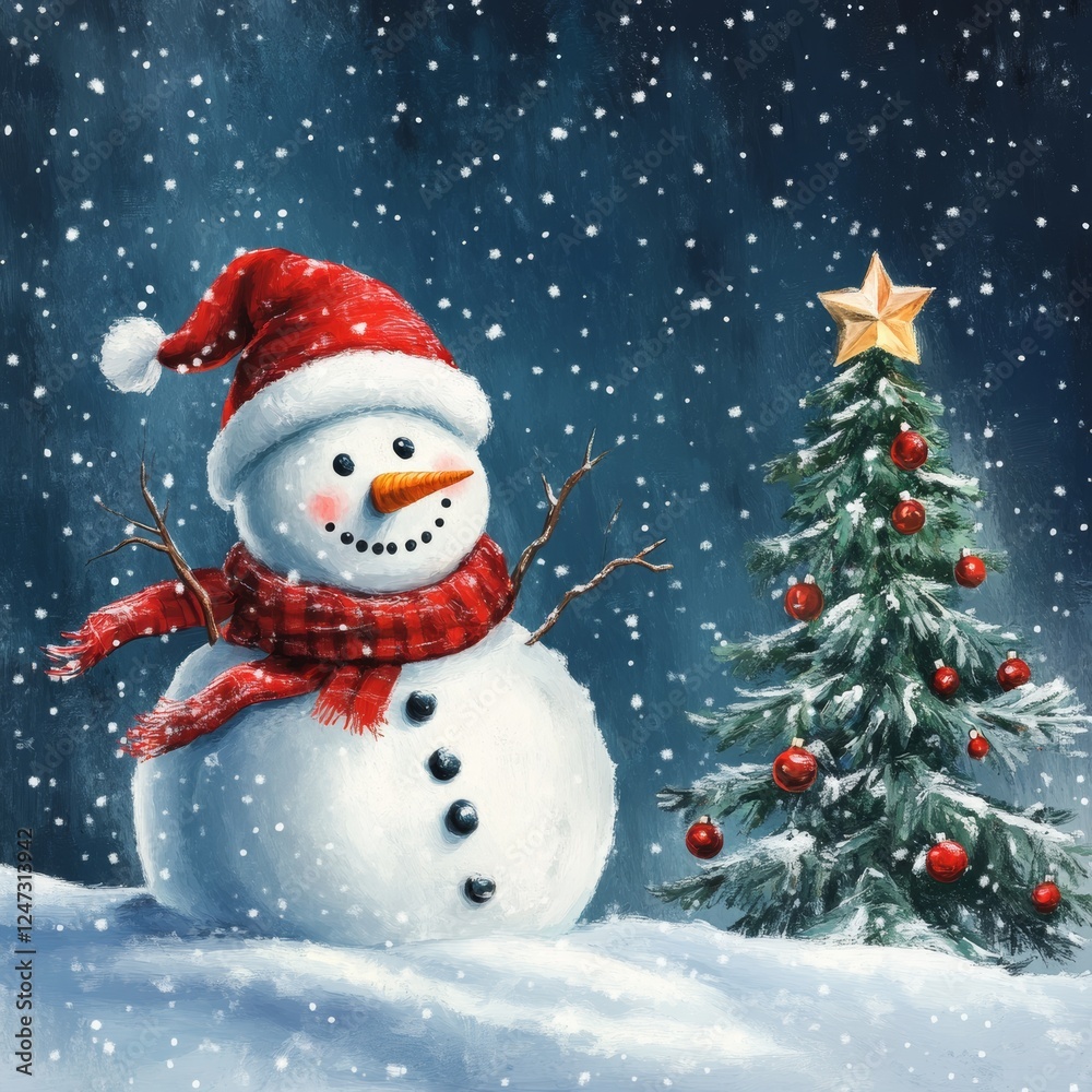 Fototapeta premium Snowman with christmas tree and star. Merry Christmas card.