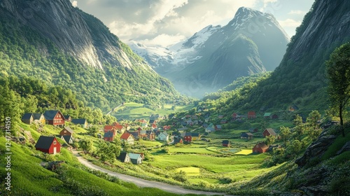 Wallpaper Mural A Scenic Village Nestled in a Lush Valley Surrounded by Majestic Mountains and Bright Green Fields Torontodigital.ca