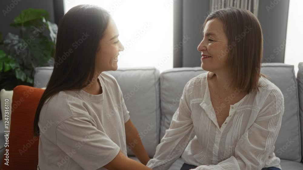 Woman talking and bonding with daughter in cozy living room, sharing a warm moment in a comfortable home setting, showcasing family love and togetherness Woman talking and bonding with daughter in cozy living room, sharing a warm moment in a comfortable home setting, showcasing family love and togetherness