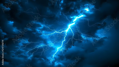 Striking blue lightning bolt in dark sky, electric, glow, storm, power. Weather Phenomena. Illustration photo