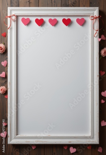 Ein romantisches Mockup mit einem weißen Holzrahmen, verziert mit Herzen auf einer rustikalen Holzoberfläche – ideal für Valentinstagseinladungen oder Menüs. Textfreiraum. Generative KI.