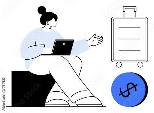 Person seated with laptop gesturing, suitcase symbolizing travel, dollar sign indicating financial management. Ideal for remote work, travel planning, financial management, digital nomad lifestyle