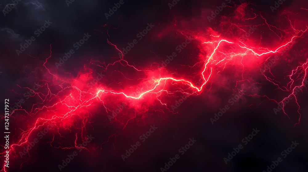 Obraz premium Vivid red lightning bolts against dark background dynamic natural electricity concept extreme weather condition dramatic atmosphere phenomenon. Weather Phenomena. Illustration