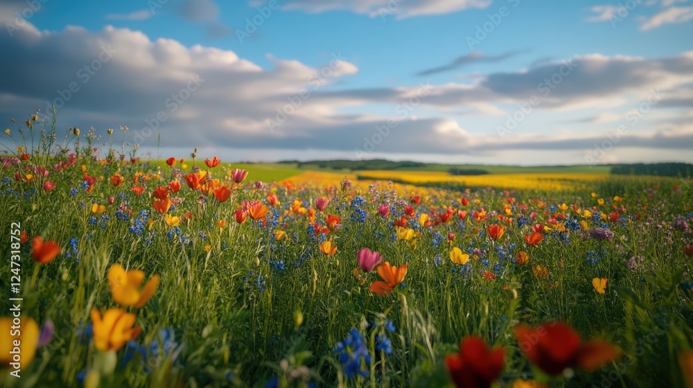 Vibrant Flower Field Under a Blue Sky with Soft Clouds and Colorful Blooms Vibrant Flower Field Under a Blue Sky with Soft Clouds and Colorful Blooms