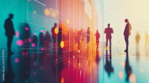Group of business people silhouettes in modern office building and business network concept. Human resources with pastel innovation charts and graphs with statistics to analyze business	