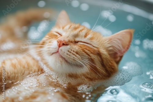 A fluffy cat lies blissfully in a bubble-filled spa, soaking up the tranquility and warmth of the soothing water photo