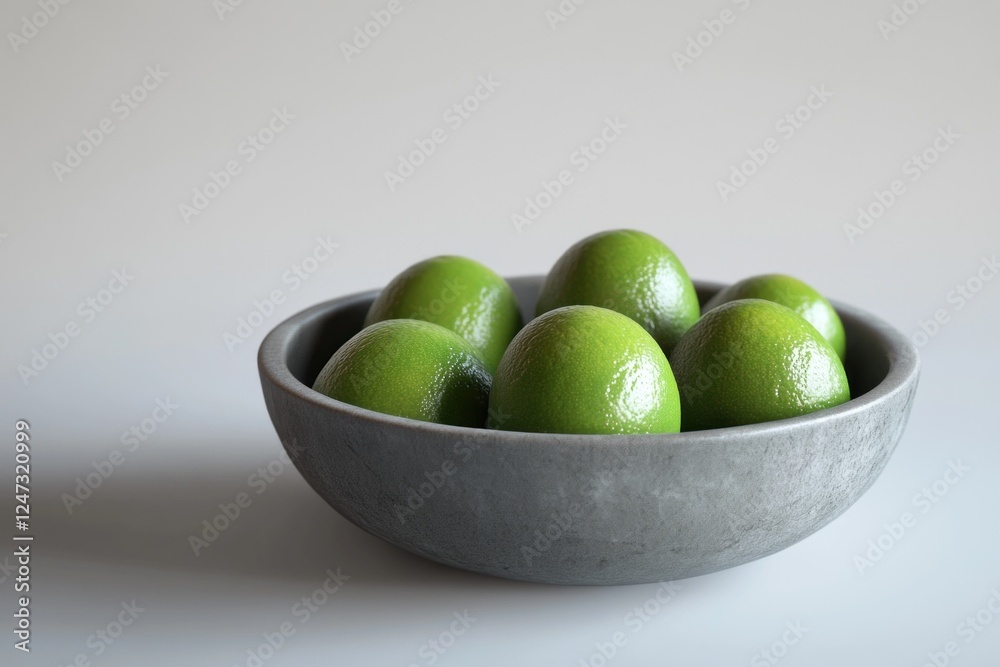 Fresh makrut limes rest in a textured bowl, showcasing their vivid green color against a light backdrop, emphasizing their unique shape Fresh makrut limes rest in a textured bowl, showcasing their vivid green color against a light backdrop, emphasizing their unique shape