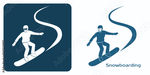 Snowboarding Emblem. Snowboarder maneuvers downhill. One of the logos of the winter games set. Two color, black blue and white graphics. Vector illustration.