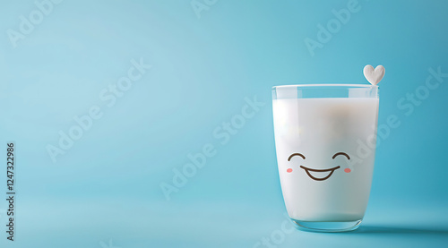 Milk in a glass with a smiling face on a blue background, Ai Generated