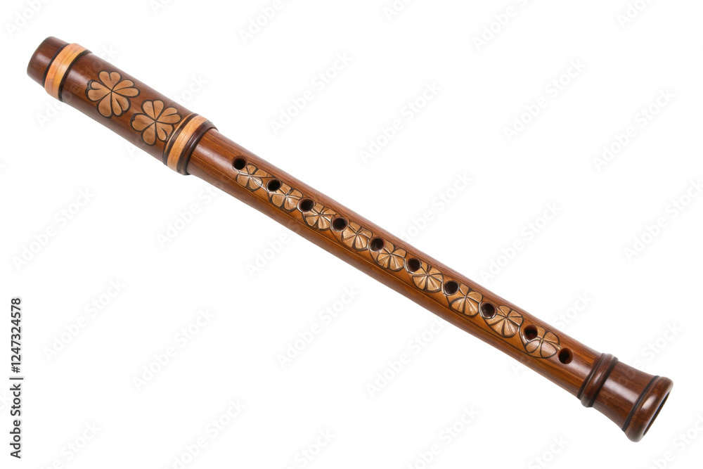 Intricately carved wooden flute for music, cut out Intricately carved wooden flute for music, cut out