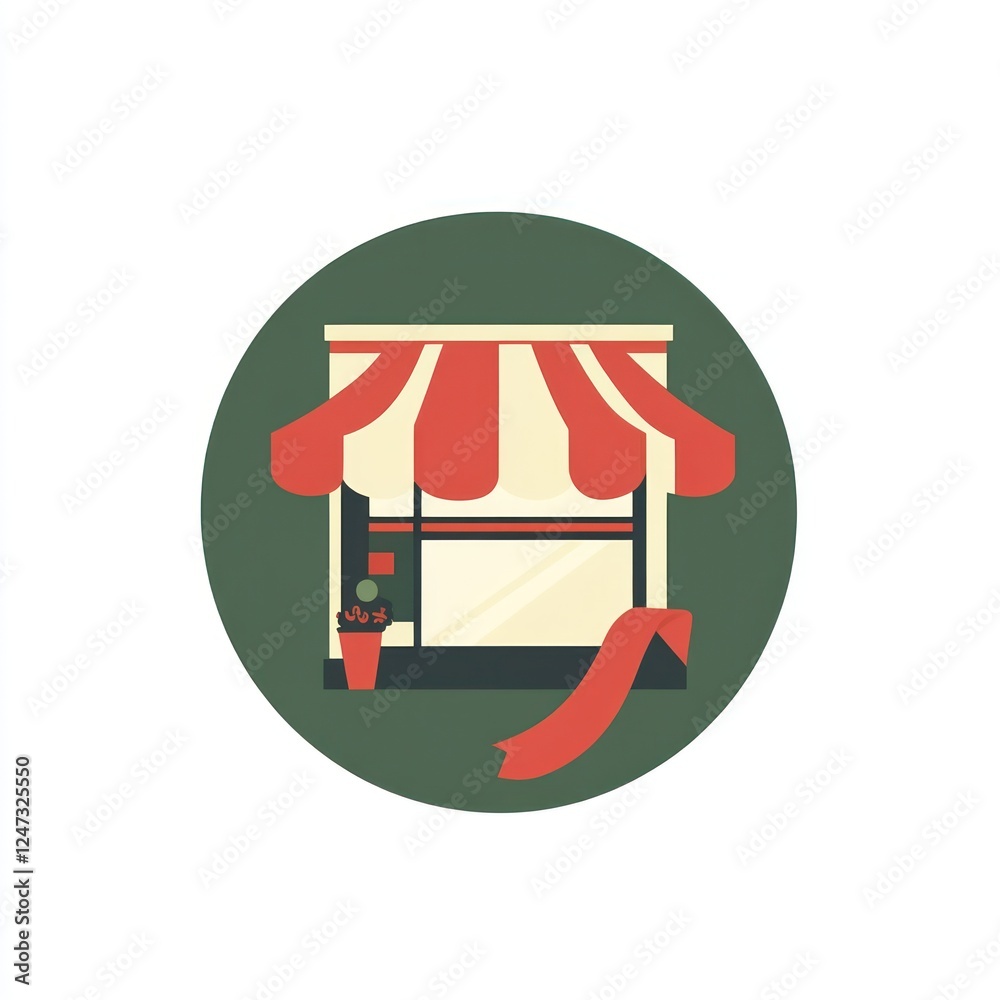Cartoon store with awning in a green circle for local business advertising use Cartoon store with awning in a green circle for local business advertising use