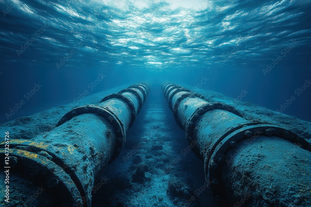 An underwater pipeline stretches along the seabed, transporting oil in clear blue water, highlighting marine infrastructure in a coastal environment An underwater pipeline stretches along the seabed, transporting oil in clear blue water, highlighting marine infrastructure in a coastal environment