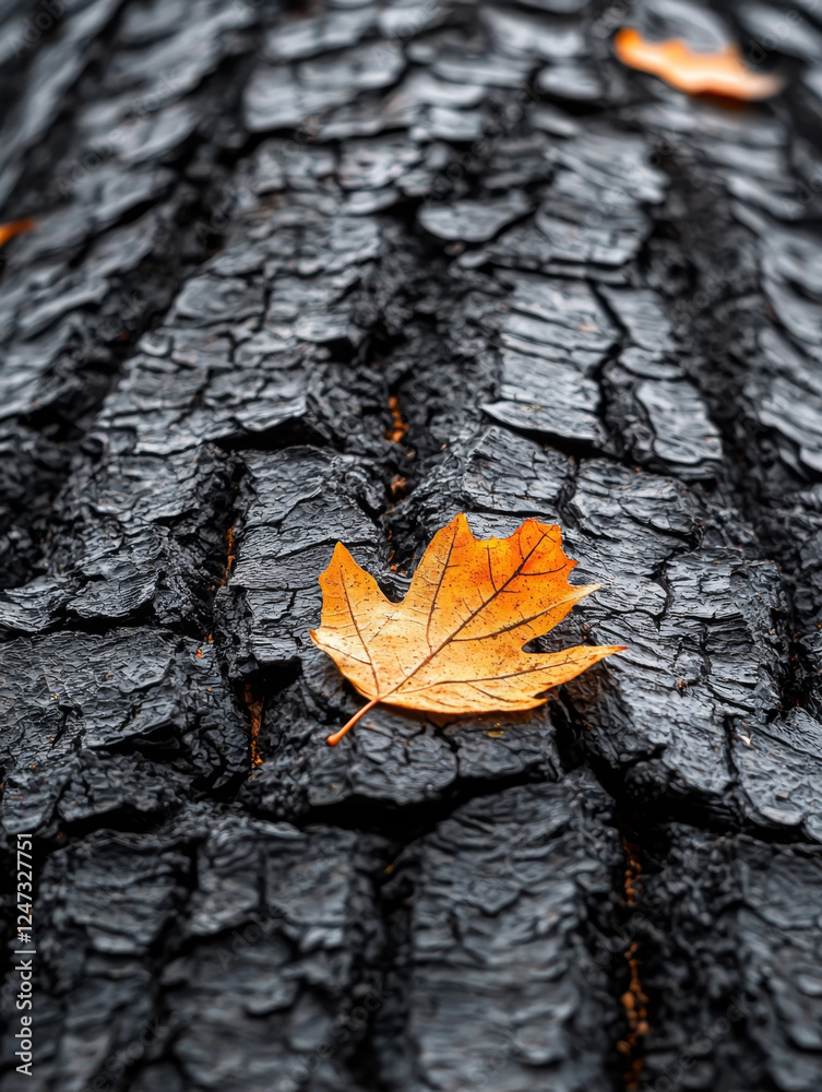 A vibrant orange leaf rests on the deeply textured, charred bark of a tree. A vibrant orange leaf rests on the deeply textured, charred bark of a tree.