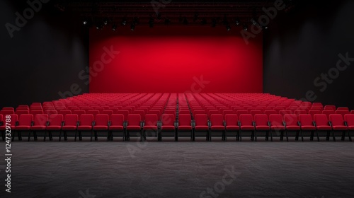Spacious Red Auditorium with Rows of Red Chairs Perfect for Event or Sport Occasion