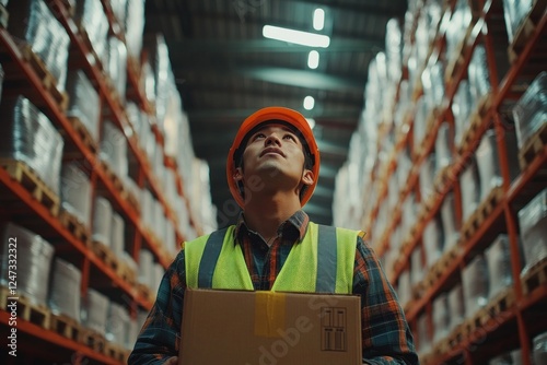 Asian male warehouse worker stands in a storage facility, gazing upward while holding a cardboard box in his hands photo