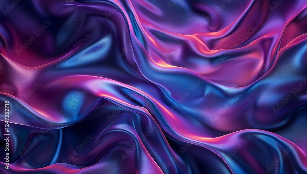Fototapeta premium Fluid silk fabric in vibrant hues of purple, pink, and blue. Luxurious texture and rich color create an elegant and dreamy aesthetic.