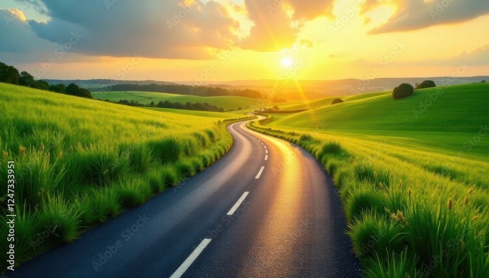 Sun-drenched asphalt ribbon winding through lush green fields , road trip, countryside, farm Sun-drenched asphalt ribbon winding through lush green fields , road trip, countryside, farm