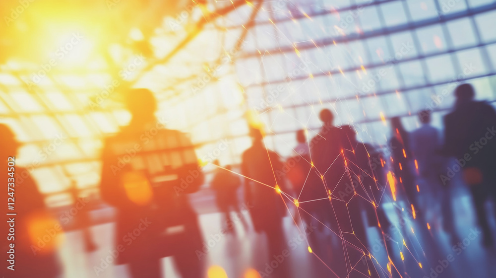 Fototapeta premium Group of business people silhouettes in modern office building and business network concept. Human resources with pastel innovation charts and graphs with statistics to analyze business