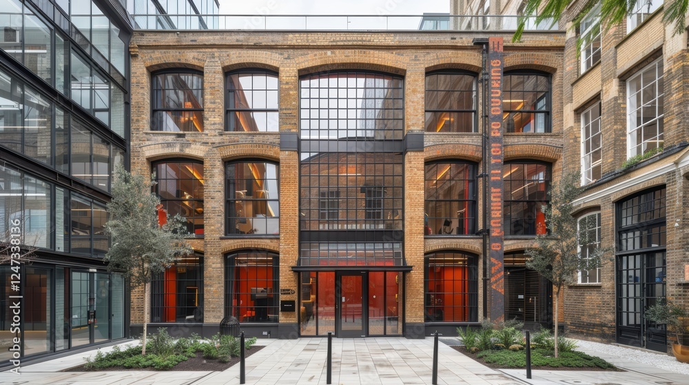 Facade of a Historic Urban Building Blending Classic and Modern Architectural Styles with Symmetrical Windows and Brick Detailing in a Vibrant Cityscape Setting Facade of a Historic Urban Building Blending Classic and Modern Architectural Styles with Symmetrical Windows and Brick Detailing in a Vibrant Cityscape Setting
