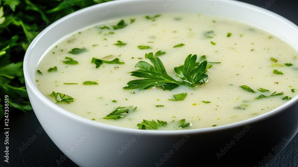Creamy soup, parsley garnish, dark background, food photography, recipe illustration (2) Creamy soup, parsley garnish, dark background, food photography, recipe illustration (2)
