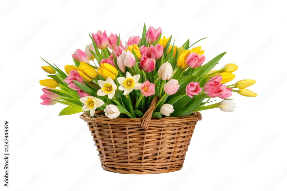 Obraz premium Colorful flower arrangement in a wicker basket, cut out
